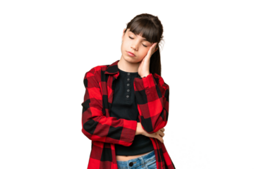 Little girl over isolated green chroma key background with headache