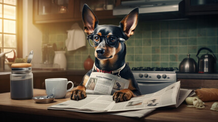 Pincher dog reading and holding a newspaper - obrazy, fototapety, plakaty