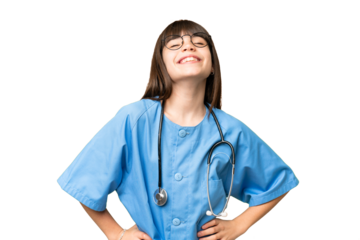 Little girl as a surgeon doctor over isolated chroma key background posing with arms at hip and smiling