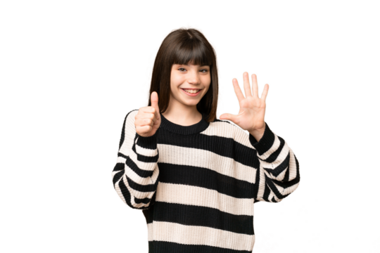 Little girl over isolated green chroma key background counting six with fingers