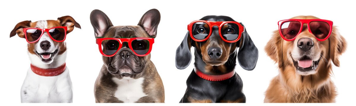 Set of dogs wearing Red glasses For summer isolated on white background ,Generative AI