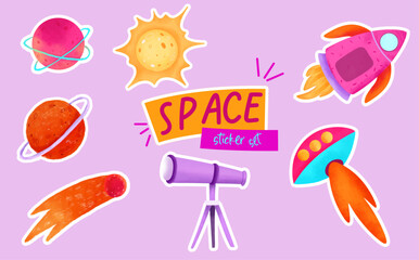 Space and planets, Vector sticker set. Planets, space ships, stars, telescope. colorful cosmic illustrations for  stickers,  banners, print