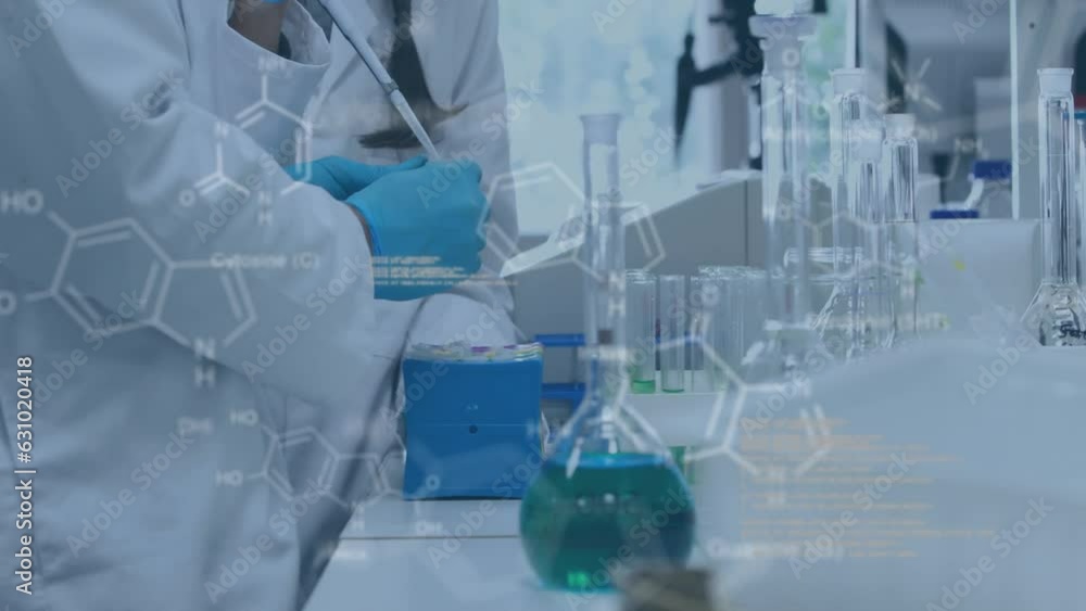 Aufkleber animation of scientific data processing over scientists in laboratory