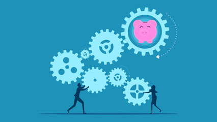 Savings and investments. Business man and woman connecting gear mechanism and piggy bank. Vector