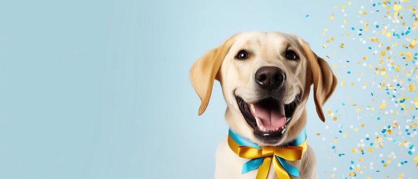 happy dog with a bow on a light blue background with confetti