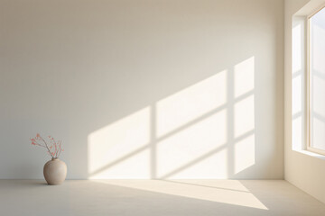 Fototapeta na wymiar Bright empty room in beige or white colour with large window, sunlight and shadows on the wall. Ceramic vase on the floor. .Abstract interior background. 