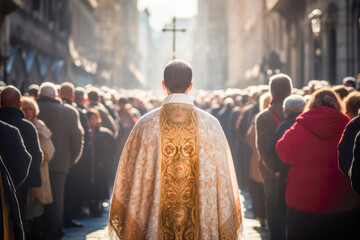 In a crowded street, a mass celebration unfolds with fervent prayer and religious devotion. A holy ceremony led by a Catholic priest, uniting people in faith and Christian beliefs. - obrazy, fototapety, plakaty