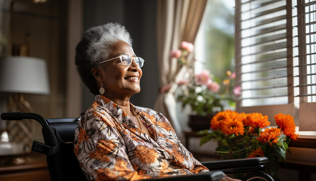 A Senior Retired African American Woman At Home, Sitting In A Wheelchair Looking Out Of A Window On A Sunny Day And Smiling, Senior Woman In Wheelchair 