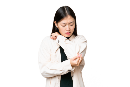 Young Asian woman over isolated chroma key background with pain in elbow