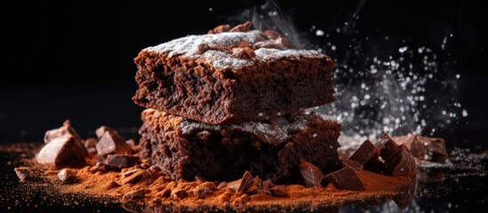 A stack of brownies on a black background, a tasty homemade chocolate dessert, a brownie with powdered - obrazy, fototapety, plakaty