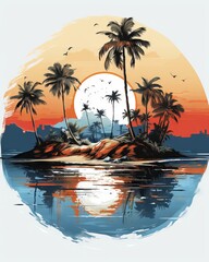 Tropical tranquility: watercolor palm trees on sandy beach - professional T-Shirt design vector - tropical island with palm trees, t-shirt design, Generative AI