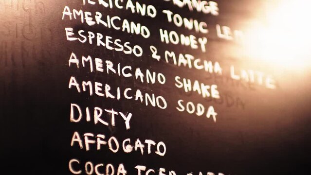 The name of the coffee drink on the menu board of the cafe