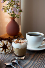 
Coffee drink. On a wooden background. Morning.