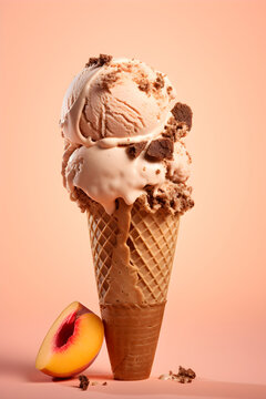 Ice cream cone, peach with chocolate.