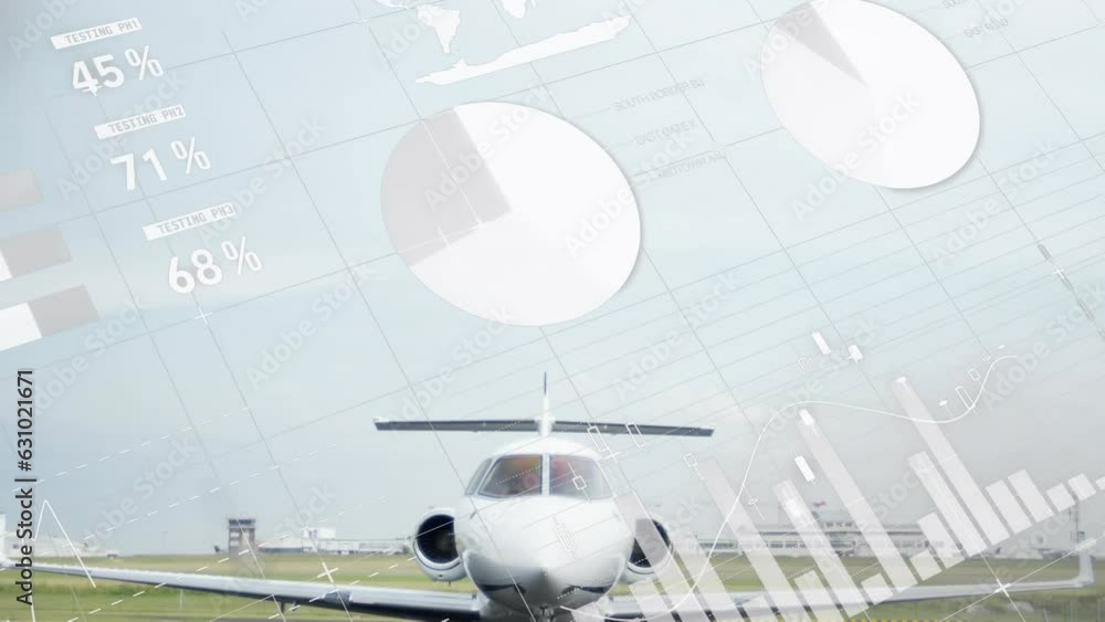 Poster animation of financial data processing over airplane
