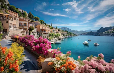 Fototapete Mittelmeereuropa Seafront landscape with azalea flowers. French reviera, view of stunning picturesque coastal town