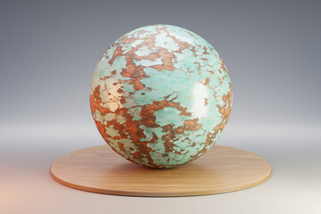 wooden podium with metal sphere ball on infinite background; pedestal for beauty, cosmetic product presentation. copy space template, 3D Illustration