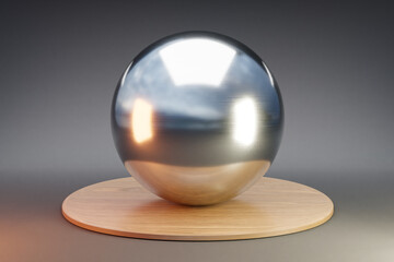 wooden podium with metal sphere ball on infinite background; pedestal for beauty, cosmetic product presentation. copy space template, 3D Illustration