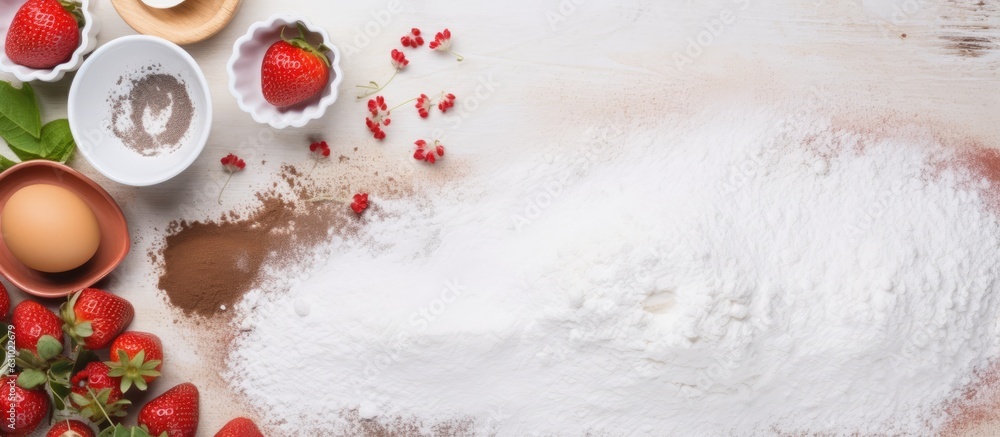 Poster mock up with white paper with space for text, around ingredients for baking cakes. concept cooking w
