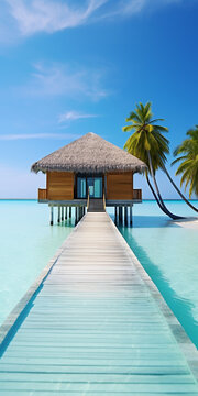 Luxury Maldives tropical island beach resort travel vacation villa. Generative AI image