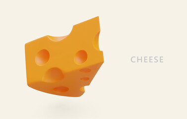 3D milk cheese with holes. Classic lactose product. Ingredient for pizza, sandwiches, salads, side dishes. Natural food. Horizontal color banner with text