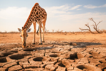 giraffe in an arid and dry landscape during a severe drought, seeking water in a dangerous environment affected by climate change and global warming. - obrazy, fototapety, plakaty