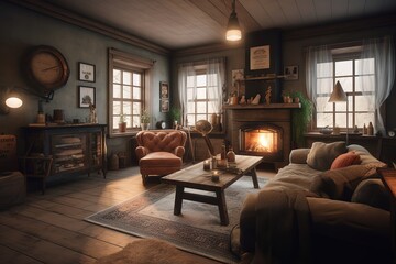 A cozy and rustic living room with a wood-burning. Generative AI