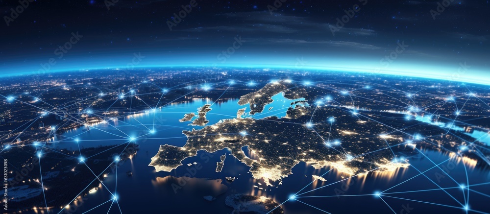 Poster European connection links support communication technology and the global internet network, facilitating