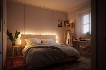 A cozy and inviting bedroom with a plush bed and ample pillows. Generative AI