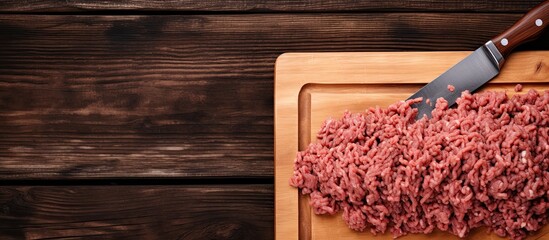 Fototapeta na wymiar Top view of fresh, uncooked minced beef meat on a wooden butcher board with a cleaver. Wooden background.