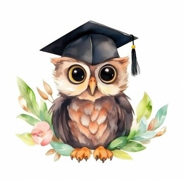 Cute watercolor owl in graduarion cap isolated
