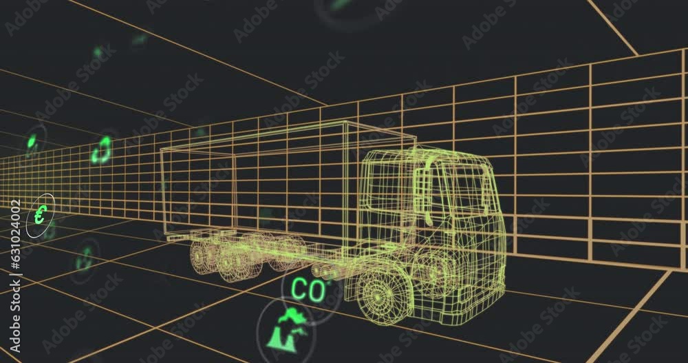Poster animation of multiple digital icons over 3d truck model moving in seamless pattern in a tunnel