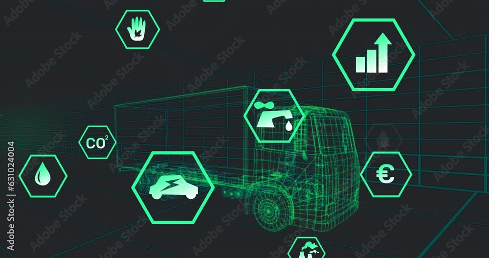 Poster animation of multiple digital icons over 3d truck model moving in seamless pattern in a tunnel