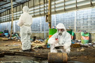 Male inspector team investigate danger chemical gas leak spill with safety face mask PPE suit in area closed barricade security tape. danger dirty area infected chemical leak spill cross stripe ribbon