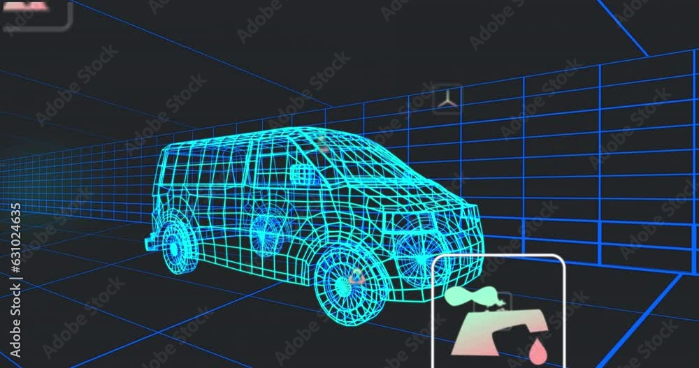 Poster animation of multiple digital icons over 3d van model moving in seamless pattern in a tunnel