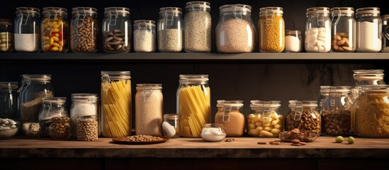 Storage jars containing flour and various types of pasta are placed on the kitchen countertop, providing