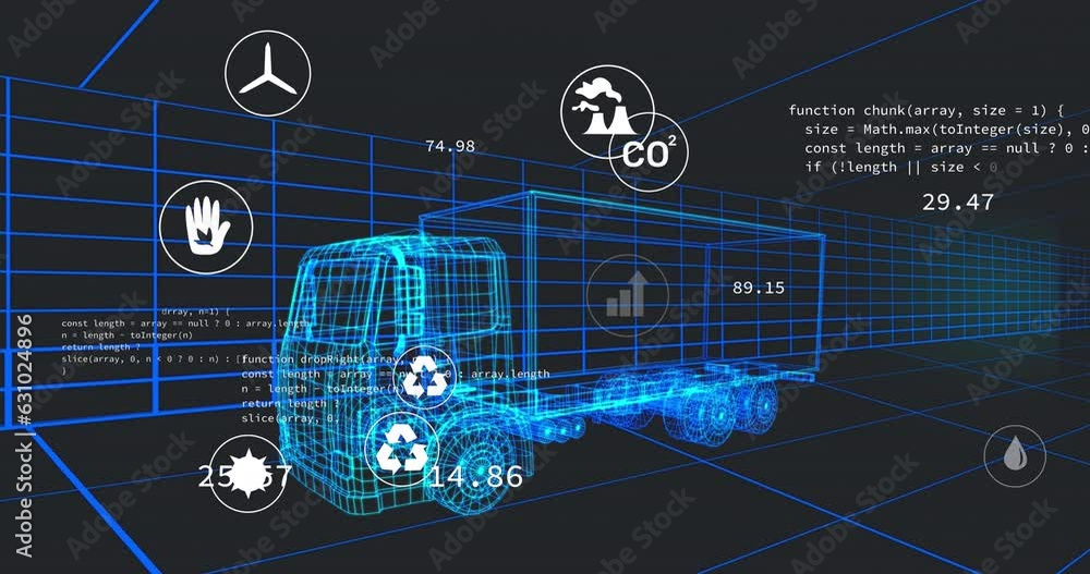 Poster animation of multiple digital icons over 3d truck model moving in seamless pattern in a tunnel