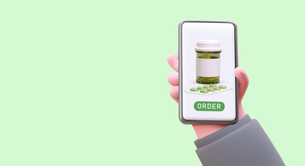 Online ordering of medicines. Phone application for booking pills. Search and remote selection of drugs at best price. 3D hand holding smartphone with pharmacy app