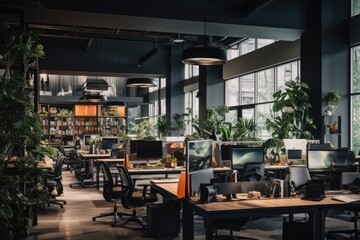 Open office layout with flexible workstations, encouraging spontaneous interactions and collaboration among team members - Generative AI
