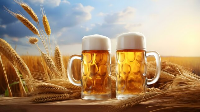 glass of beer on wheat field