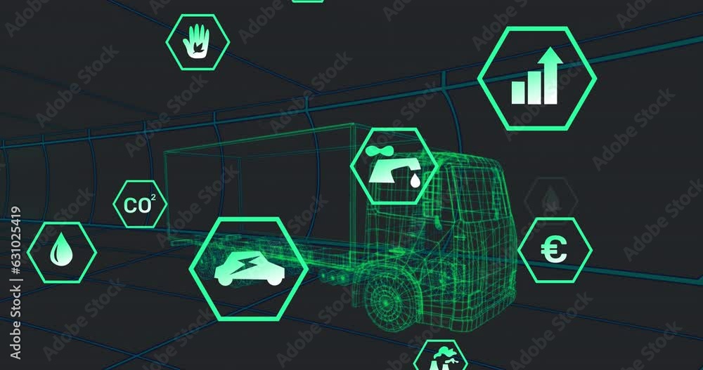 Poster animation of multiple digital icons over 3d truck model moving in seamless pattern in a tunnel