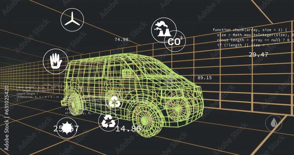 Poster animation of multiple digital icons over 3d van model moving in seamless pattern in a tunnel