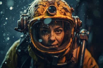 Woman scuba diving in the deep ocean, exploring an underwater shipwreck and revealing the sense of adventure and exploration. Generative AI