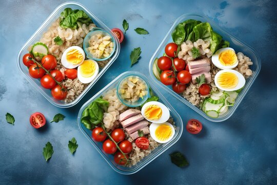 lunch meal in a blue lunch box with salad and boiled eggs