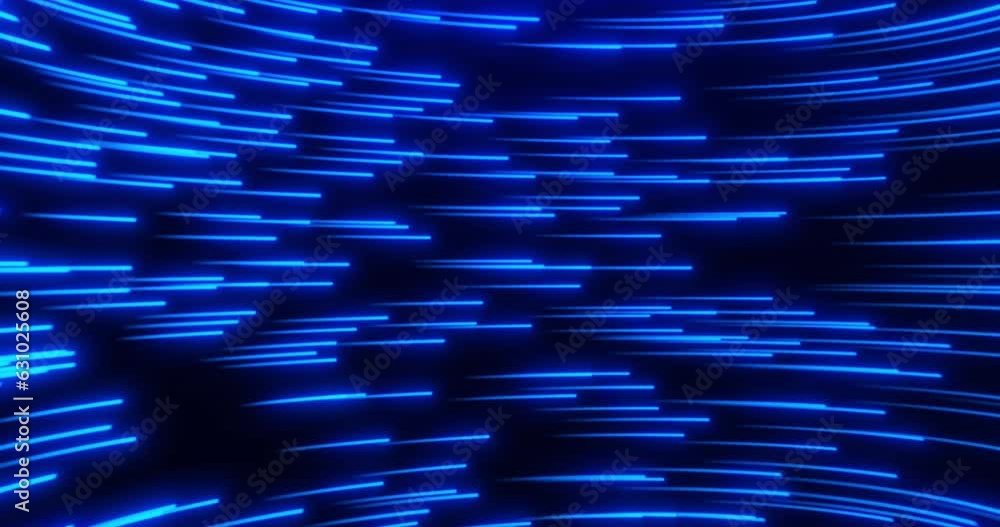 Poster animation of glowing lines, high speed neon particle flow, big data stream, digital technology blue 
