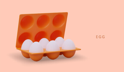 Open package with 6 white eggs, angle view. Vector banner on colored background with text. Fresh organic chicken eggs. Concept for farming. Signboard for fair