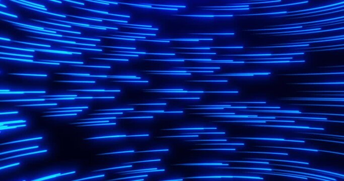 Animation of glowing lines, high speed neon particle flow, big data stream, digital technology blue background, moving light particles, spatial communication network. seamless loop