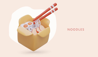 3D noodles with eggs, meat in portion box, wooden chopsticks. Asian cuisine. Served takeaway food. Dish with spices. Advertising concept with place for text