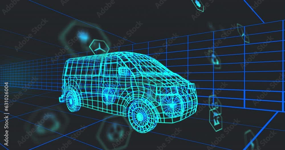 Poster animation of multiple digital icons over 3d van model moving in seamless pattern in a tunnel