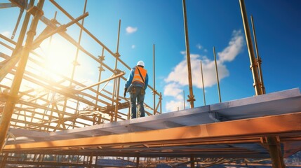 Naklejka premium Construction workers and engineers are working on a large building structure.